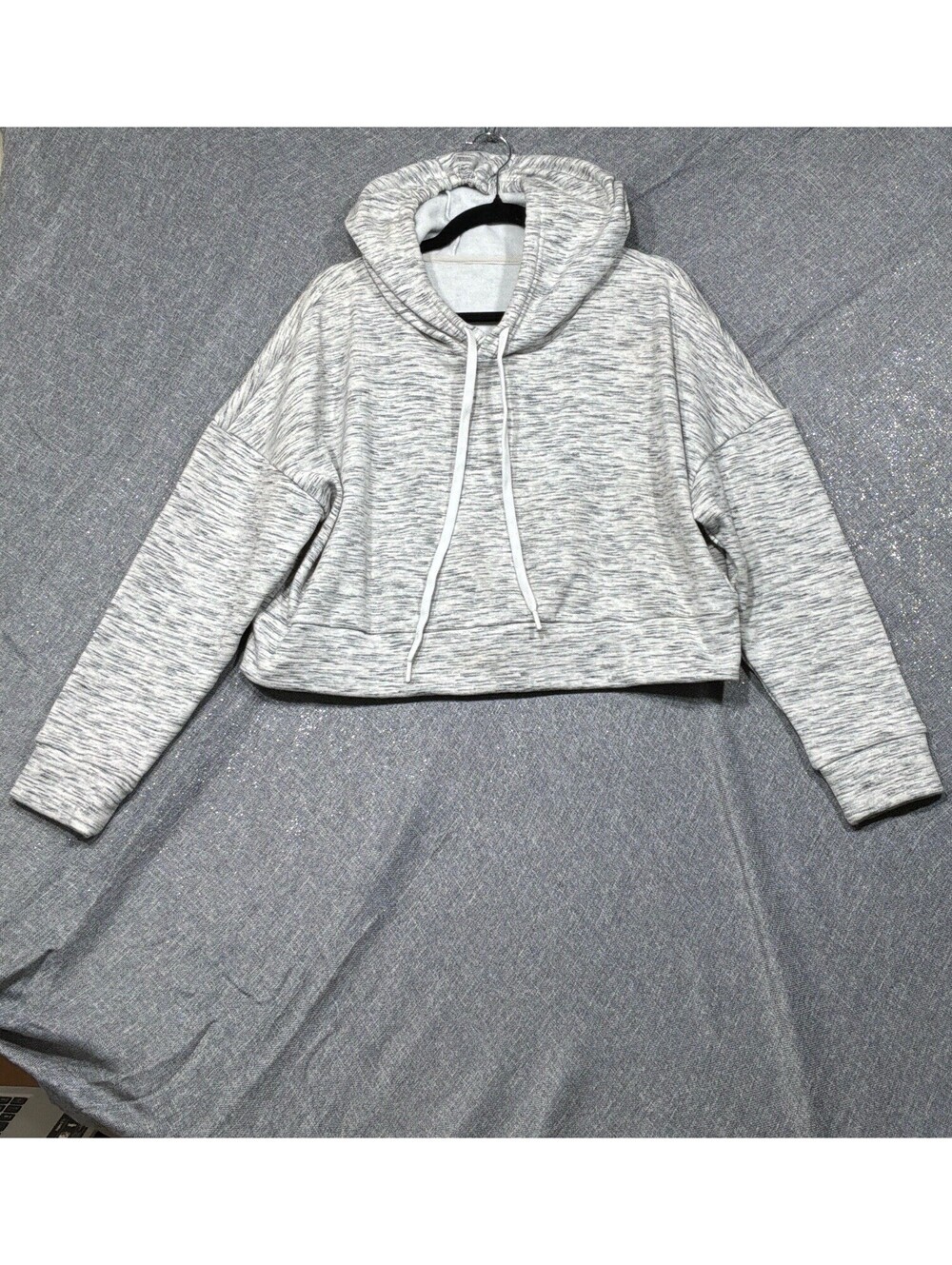 Woman’s White With Black Lined Pattern Crop Top Hoodie